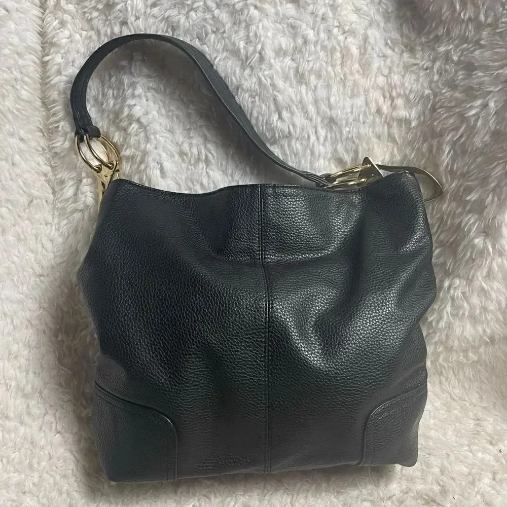 Dasein synthetic leather Black hobo shoulder bag with Bold gold tone hardwares